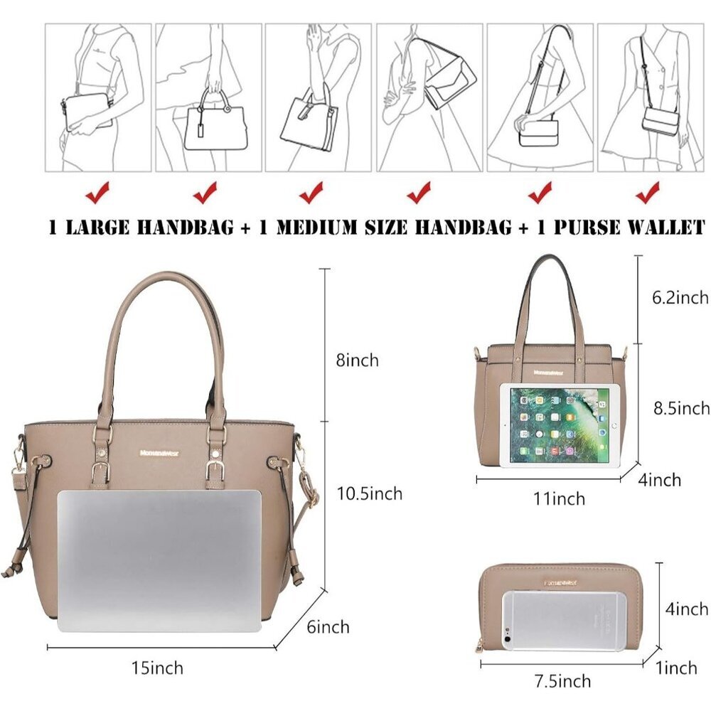 Women’s Khaki 3PCS Purses Set - Tote Bag, Wallet & Shoulder Satchel Handbags - Picture 2 of 6